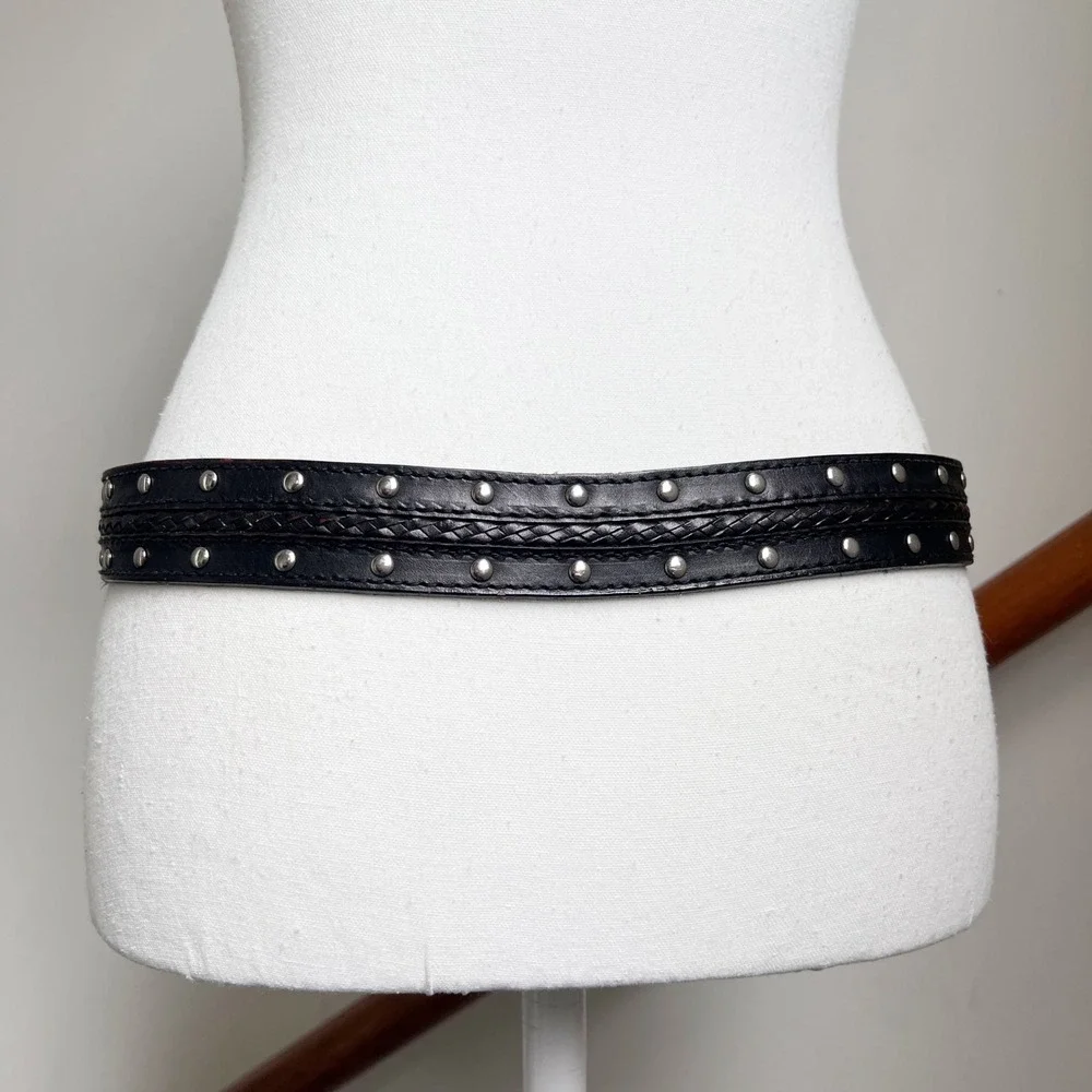 Vintage Black Leather Studded Distressed Boho Biker Belt Braided Michael Kors - Picture 5 of 12
